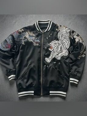 Black Embroidered Tiger & Dragon Satin Bomber Jacket